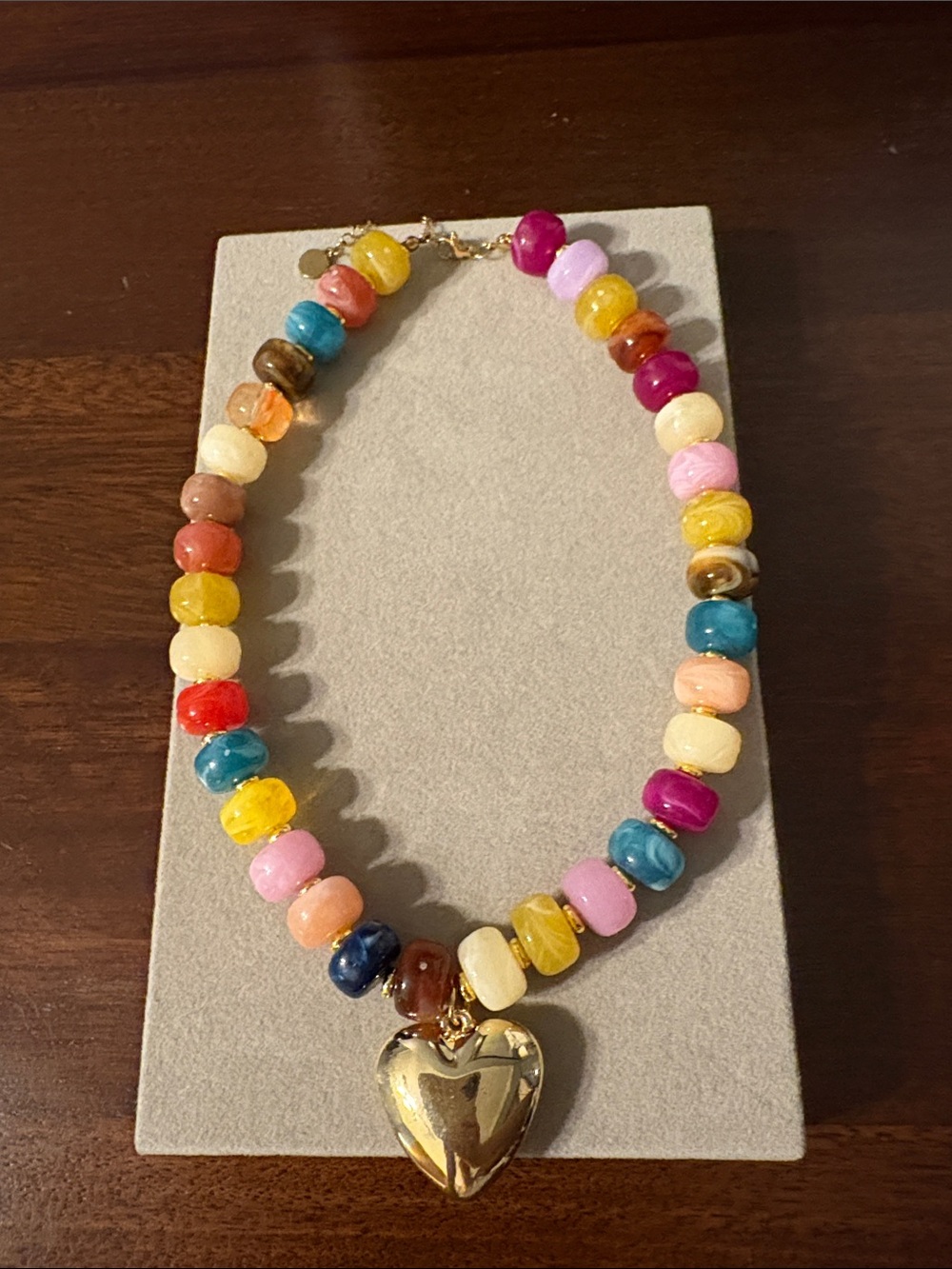 Multicolor Beaded Necklace with Gold Heart Pendant
